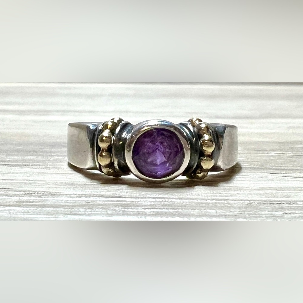 Vintage Designer LAGOS Sterling Silver & 18K Yellow Gold Amethyst Caviar Ring - Picture 2 of 9